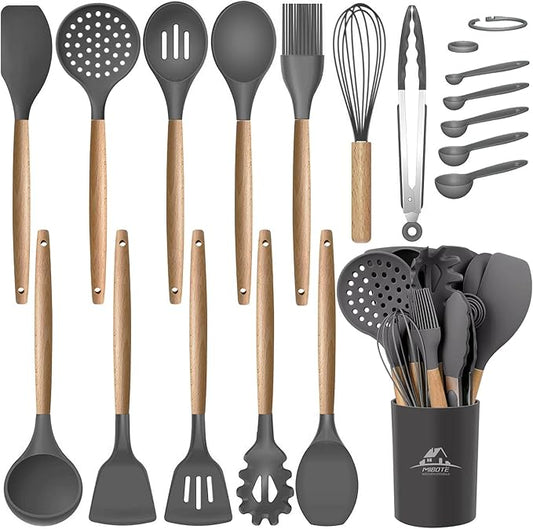 MIBOTE Silicone Cooking Kitchen Utensils Set, 17 Pcs, Wooden Handle, Grey | BPA-Free, Non-Toxic Silicone Turner, Tongs, Spatula, Spoon Set – Great for Nonstick Cookware, Heat-Resistant, Easy Clean by MIBOTE