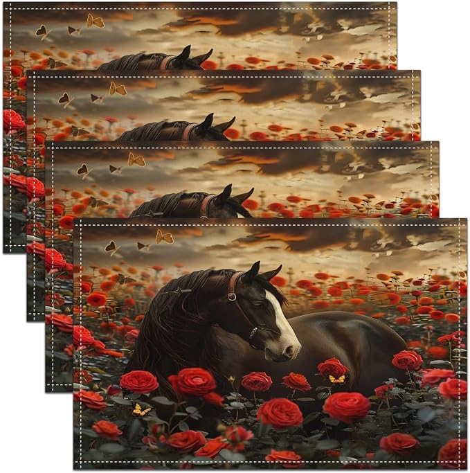 Feelyou Horse Placemats Set of 4, Galloping Horse Table Place Mats Rose Horse Placemat for Kids Toddler Black Horse Indoor Outdoor Decor Table Mats Kids Table Decor 18"x12" by Feelyou