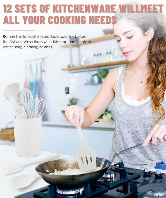 White Kitchen Utensils Set-12 Pieces Silicone Cooking Utensils Set | Dishwasher Safe 392°F Heat Resistant Spatula Set Kitchen Utensil Set for Nonstick Cookware,Best Kitchen Tools with Holder - Image 4