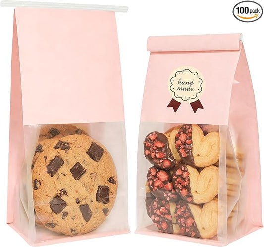 100 Cookie Bags with Seal, Resealable Bakery Bags with Window, Pink Paper Treat Bags for Packaging Pastry, Muffin, Cookie, Baked Goods, Included 120 Handmade Stickers by FUNCOO