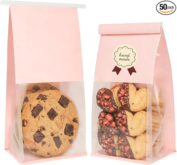 Funcoo 50 Cookie Bags with Seal, Resealable Bakery Bags with Window, Pink Paper Treat Bags for Packaging Pastry, Muffin, Cookie, Baked Goods, Included 60 Handmade Stickers by FUNCOO