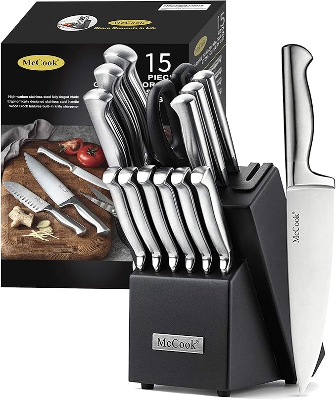 McCook Knife Set Sharp Kitchen Knife Block Set w Built-in Sharpener | German Forged Stainless Steel,15 PC,Razor Sharp,Anti-Rust,Restaurant Grade,Ergonomic Handle,Full Tang,Gift Box by McCook