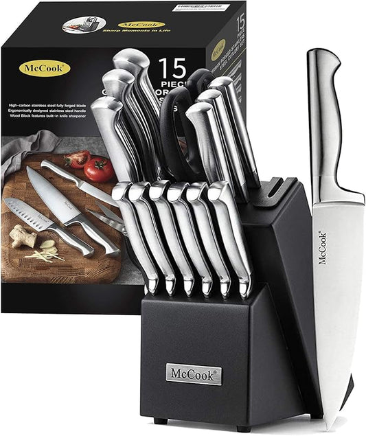 McCook Knife Set Sharp Kitchen Knife Block Set w Built-in Sharpener | German Forged Stainless Steel,15 PC,Razor Sharp,Anti-Rust,Restaurant Grade,Ergonomic Handle,Full Tang,Gift Box by McCook