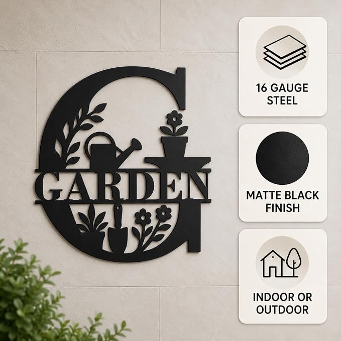 Garden Metal Wall Decor, Farmhouse Outdoor Garden Sign, 13.1 Inch | 14-inch matte black metal GARDEN sign for patios, greenhouses, porches, sheds, and farmhouse outdoor wall decor. - Image 8