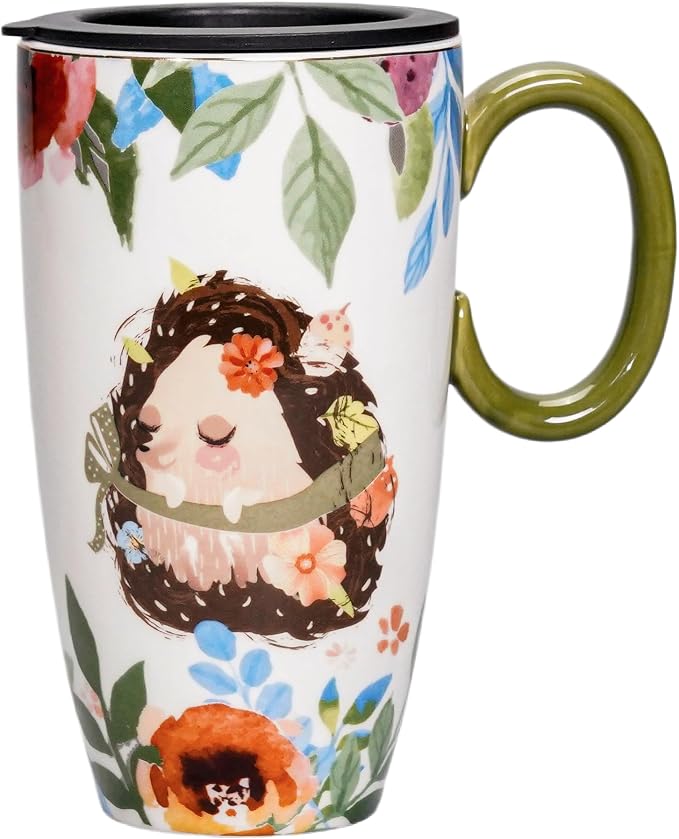 Ceramic Travel Mug with Lid - Tall Coffee Mugs with Handle, Porcelain Coffee & Tea Cup, Cute Hedgehog Design, Christmas Birthday Gifts for Women Man 20oz by ToCooTo