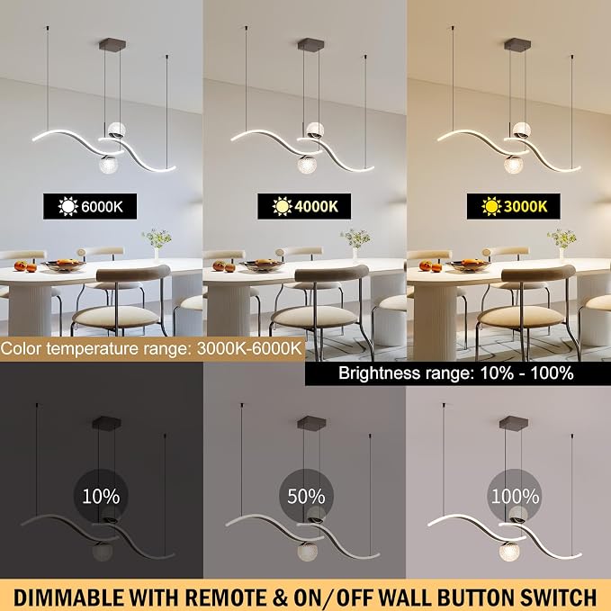 ORANOOR Modern LED Globe Pendant Light, 39inch Dimmable Hanging Chandeliers | 2-Wave Black LED Chandelier Kitchen Pendant Lighting Over Island Dining Room Light Fixtures Ceiling Hanging Over Table,2-Bulb - Image 3