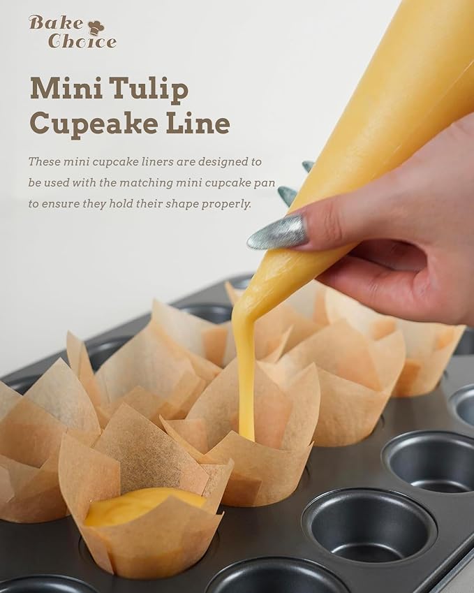 Bake Choice 200pcs Natural Mini Tulip Cupcake Liners for Baking, Unbleached | Mini Tulip Muffin Liners, Greaseproof EU Parchment Paper, for Party, Christmas, Valentines - Image 7