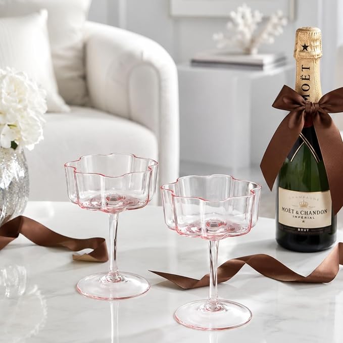 Khen Flower Vintage Wavy Petals Wave Glass Coupes 7oz Colorful Martini, Champagne & Cocktails - 2 Set - Rippled & Champagne Glasses, Bar Glassware Copyright Design (Pink) - Image 6