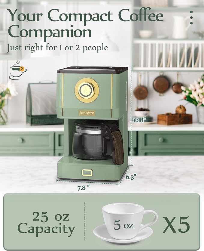 Amaste Drip Coffee Maker, Coffee Machine with 25 Oz Glass Coffee Pot, Retro Style Coffee Maker with Reusable Filter & Three Brewing Modes, Warming Plate, Matcha Green - Image 5