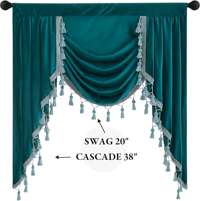 Teal Velvet Valances Waterfall Curtains W39 inches, 1 Panel | Luxury Victorian Valance Curtains for Kitchen, Dining Room, Privacy Thermal Insulated Curtain for Bedroom, Rod Pocket - Image 2
