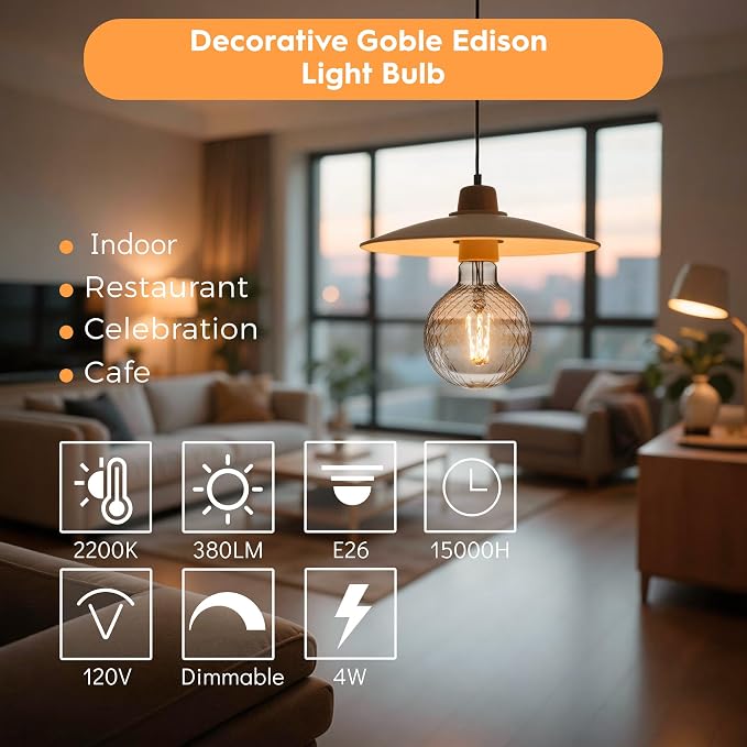 G125 Pineapple Faceted LED Bulb,4W Dimmable E26 Clear Crystal,1 Pack | Vintage Decorative Large Globe Bulb, Gentle Ambient Light, Dim, Ideal For Hotel, Living Room & Commercial Space Decoration - Image 4
