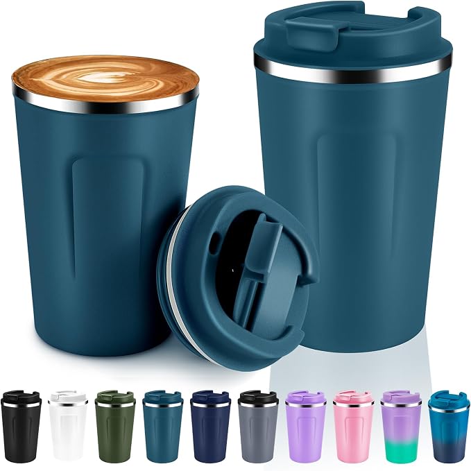Volhoply 12 oz Double Wall Insulated Vacuum Travel Coffee Mugs with Flip Lid Bulk 2 Pack,Reusable Stainless Steel Leak Proof Coffee Cup,Portable Cafe Thermal Tumbler for Hot & Cold Drinks(Bule,2 Set) by LiveFully%EF%BC%8CDrinkFreely%E2%80%94KeepGoingwithVolhoply%EF%BC%81