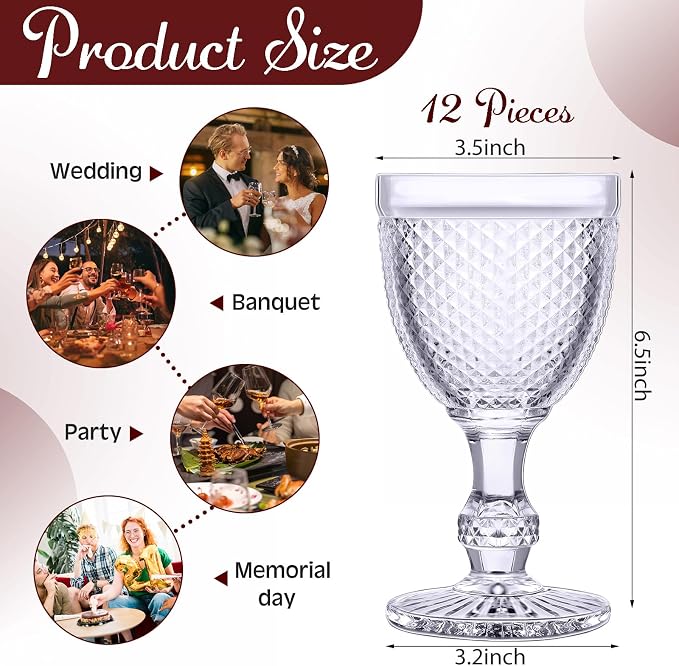 Bokon 12 Pack Purple Glass Goblets Set 10 oz High Clear Wine Glass Vintage Water Goblets Cups Embossed Diamond Design Glassware with Stem for Drinking Juice Liquor Party Wedding Bar - Image 2