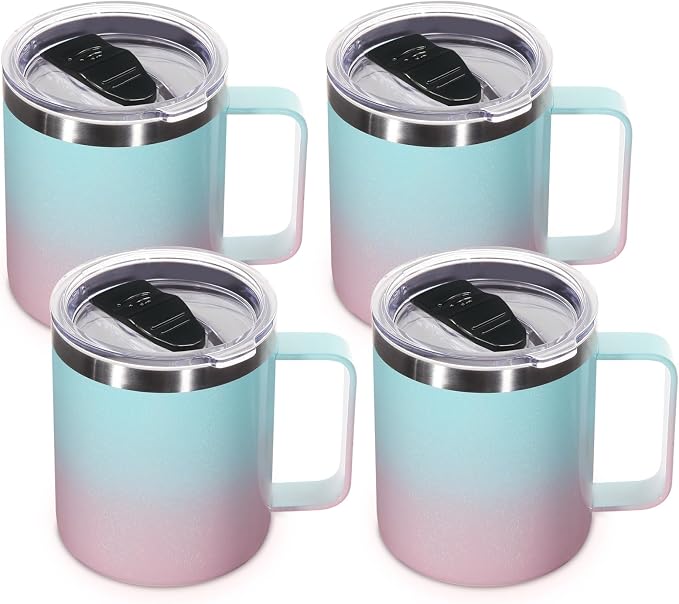 Volhoply 14oz Insulated Stainless Steel Coffee Mug with Lid Bulk 4 Pack,Double Wall Vacuum Travel Coffee Cup with Handle,Reusable Cups Tumbler,Camping Mugs Keep Hot,Ideal Gifts(Green Pink,4) by LiveFully%EF%BC%8CDrinkFreely%E2%80%94KeepGoingwithVolhoply%EF%BC%81