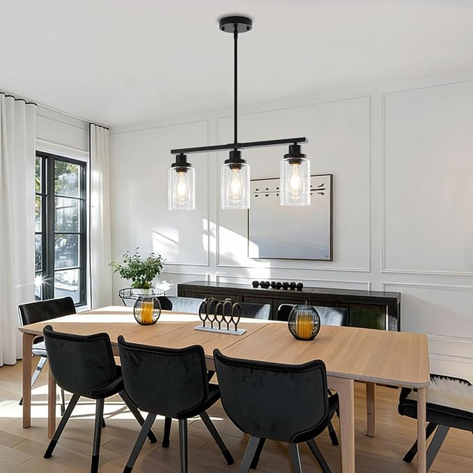 Modern Island Lights for Kitchen Black Dining Room Light Fixtures | 3-Light Linear Chandelier Over Table, 21.25'' Farmhouse Kitchen Island Lighting Clear Glass Shades, Adjustable Height - Image 3