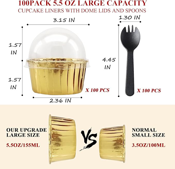Cupcake Muffin Liners With Lids 100 Pack,LNYZQUS 5.5 Oz Large Foil Baking Cups Muffin Tins,Disposable Ramekins Cupcake Cups Cupcake Wrappers Holders For Wedding Valentine,with Spoons-Gold - Image 3