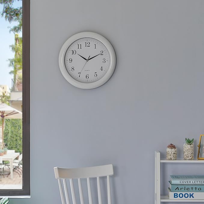 Set of 2 13.75 Inch Plastic White Round Silent, Non-Ticking Battery Operated Simple Modern Analog Wall Clock. Perfect for Office, Classroom, Living Room, Dining Room, Bed Room and Kitchen Wall Decor. - Image 2