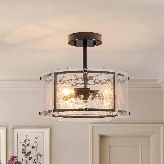 Black Semi Flush Mount Ceiling Light Fixture for Foyer,Entryway,Hallway | 11.8" Small 3 Light Drum Modern Farmhouse Glass Ceiling Light Fixtures for Kithcen,Bedroom,Dining Room,Bathroom by Kunlinzhu