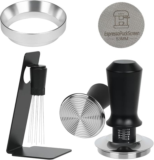 53mm Espresso Tamper Kit - Dual-Spring Calibrated Coffee Tamper, 8-Needle WDT Tool Espresso Distribution Tool, Magnetic Aluminum Dosing Funnel, Reusable Puck Screen, Fit for 53mm Portafilters