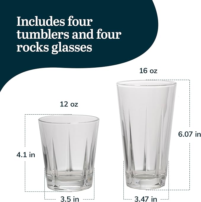 Libbey Monterrey Everyday Drinking Glasses Set of 8, Geometric Shape DOF and Glass Tumbler Set, All Purpose Kitchen Glassware Set for Water Cocktails - Image 3