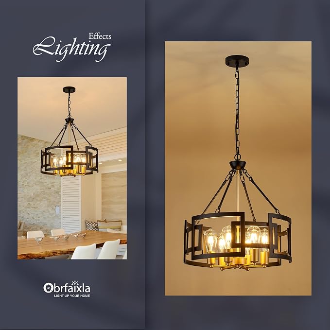 Modern 19.7" Black Gold Chandelier for Dining Room Industrial Vintage Semi Flush Mount 6-Light Round Pendant Ceiling Light Fixture for Kitchen Bedroom Living Room Hallway Entryway Foyer - Image 5