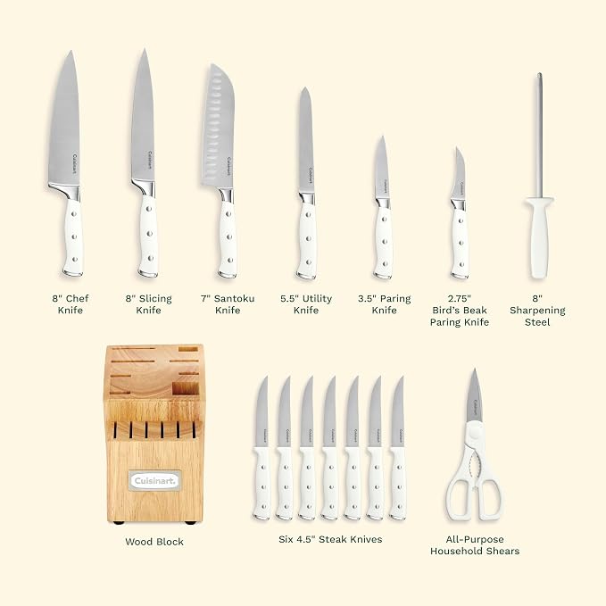 Cuisinart 15-Piece Knife Set with Block, High Carbon Stainless Steel, Forged Triple Rivet, White, C77WTR-15P (Pack of 2) - Image 5