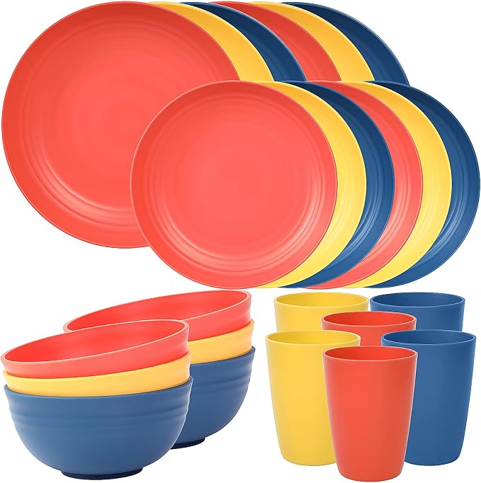 Quatish 24 Piece Plates and Bowls Sets for 6, Unbreakable Dinnerware Sets, Dish Set for Camping, Dishwasher Microwave Safe, Outdoor Kitchen and Apartment Dorm Dinning RV Essentials, Multi by Quatish