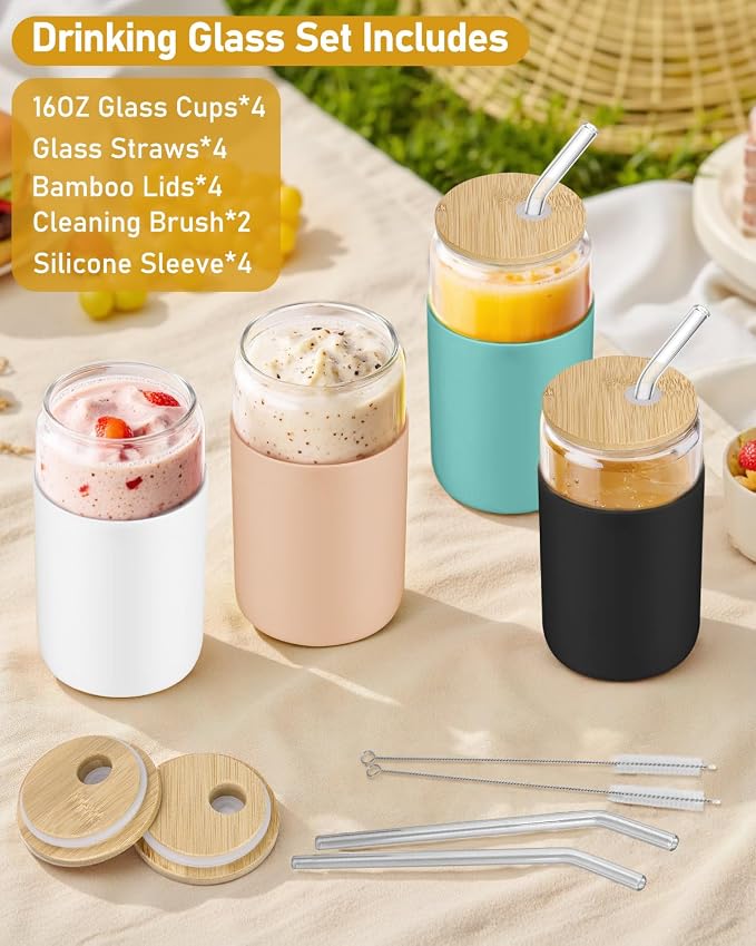 sungwoo Glass Cups with Lids and Straws, 4 Pack 16OZ Iced Coffee Cups with Silicone Sleeve, Glass Tumbler with Straw and Bamboo Lid, Home Essential Drinking Set for Juice, Cocktail and Latte 4 Colors - Image 2