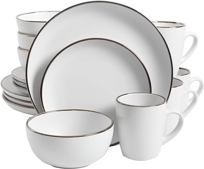Gibson Home Rockaway Round Stoneware Dinnerware Set, Service for 4 (16pcs), Matte White/Metallic Rim by GibsonHomewares
