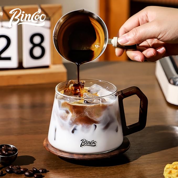 Bincoo Glass Cappuccino Cups 12oz/340ml with Coffee Scoop,Thickened Clear Glass Coffee Mug with Wooden Handle for Espresso,Latte,Tea