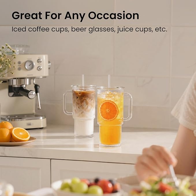 INSETLAN 20oz Ribbed Glass Tumblers with Lids and Handles, 2-Pack Reusable Cups with Glass Straws for Iced Coffee, Smoothies, Matcha, Water, Thick-Walled Drinking Glasses for Daily Use and Travel - Image 2