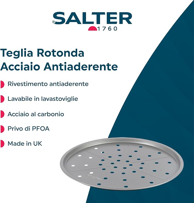 Salter Essentials Pizza Tray – Non-Stick Coating, Round Baking Tray, Dishwasher Safe, Easy to Clean, Made in The UK, Durable Carbon Steel, Garlic Bread, Lightweight Oven Sheet, PFOA-Free, BW13671 | Non-Stick PFOA-Free Coating, Dishwasher Safe, Even Hea... - Image 2