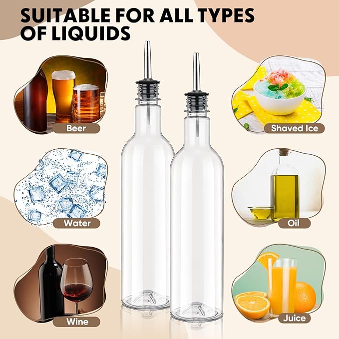 25 oz Plastic Long Neck Bottle with Stainless Steel Leakproof Tapered Spout Pourer and Cap Syrup Alcohol Juice Coffee Liquor Container for Home Christmas Party Bar Service Bartending Supplies(16 Pack)