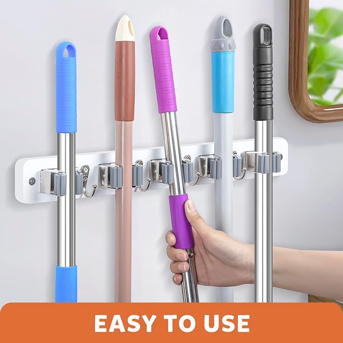 IMILLET Broom Holder Wall Mount, Rustic Broom Hanger for Laundry Room | Wood Broom and Mop Organization and Storage, Mop Holder for Home Decor, Garden, Garage, Closet, 5 Racks and 4 Hooks, White - Image 3