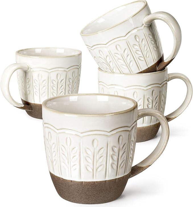Artena Ceramic Coffee Mugs Set of 4, 16oz Embossed Large Latte Mugs Coffee Cups with Handle for Tea, Latte, Cappuccino & Cocoa, Milk Dishwasher & Microwave Safe, White (Wheat Leaf) by Artena