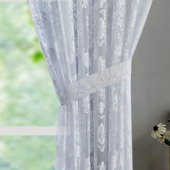 LinenZone 108x100 2 White Lace Wall-to-Wall Curtains. (Lisa 108x100, White) | 2 Elegant Knitted Lace Wall-to-Wall Curtains with Scalloped Bottom and Tiebacks for Extra Large Windows . - Image 3