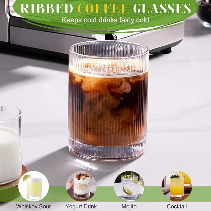 Ribbed Drinking Glasses Cups Set of 8 Large Capacity Highball 17oz&12oz | Rocks Cocktail Glasses Ideal for Beer, Juice, Water, Ice Coffee Cup, Whiskey, Mixed Drinkware - Image 4