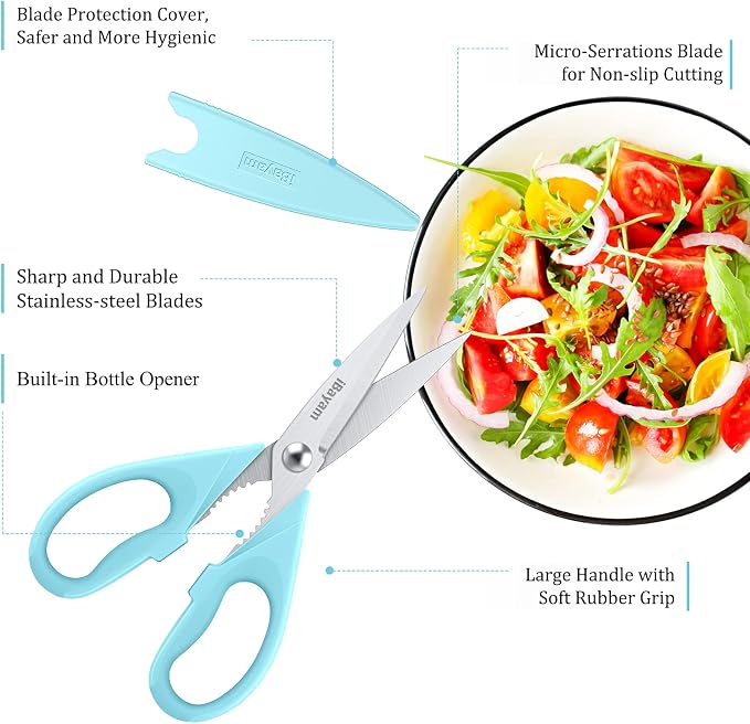 iBayam 8.7" Heavy Duty Kitchen Scissors All Purpose 2-Pack –Pistachio/Blue | Sharp stainless steel blades, cut meat, chicken & vegetables. Ergonomic comfort grip, dishwasher safe, includes blade covers - Image 2