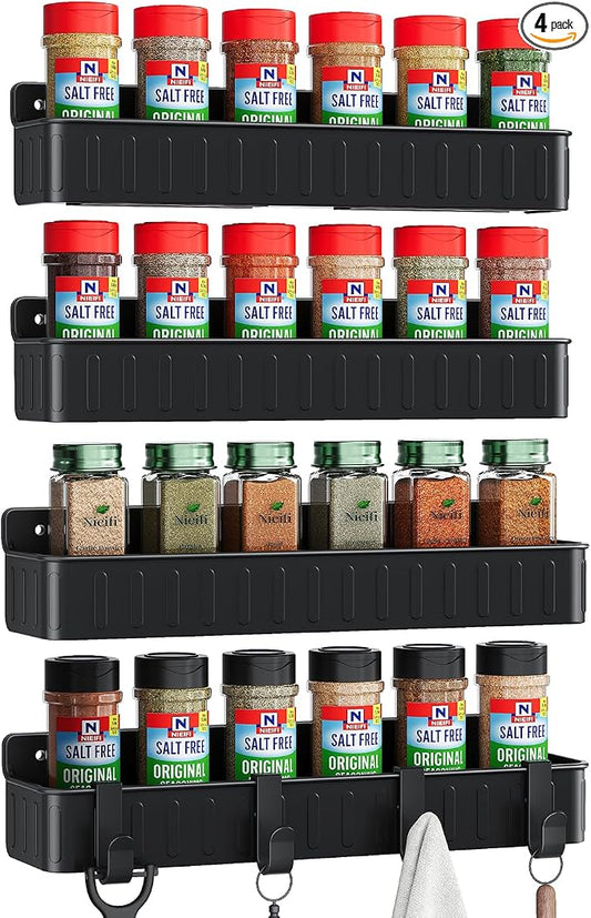 Nieifi Spice Rack Wall Mount, 4 Pack Black, 2" Depth, Screw/Adhesive | Wall-Mounted with Removable Hooks Saves Counter Space, Fits 2" Deep Jars, Ideal for Kitchen Cabinets, Pantry Doors, and RVs. by Nieifi