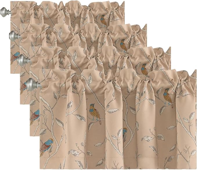 H.VERSAILTEX Blackout Curtain Valances for Kitchen Window/Living Room/Bathroom Privacy Added Rod Pocket Home Decoration Winow Valance, 52" W x 18" L, Birds in Taupe (Pack of 4) by HVERSAILTEX