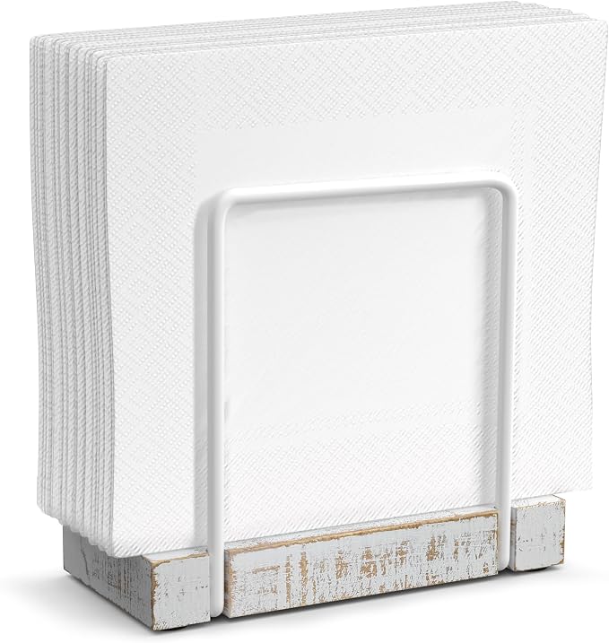 Wican Napkin Holder for Table, Wood Iron Standing Napkin Dispenser | Dining Table Farmhouse Cocktail Picnic Rustic Wood Holders, Suitable All Kitchen Dining Room Decor, White & Farmhouse White by Wican