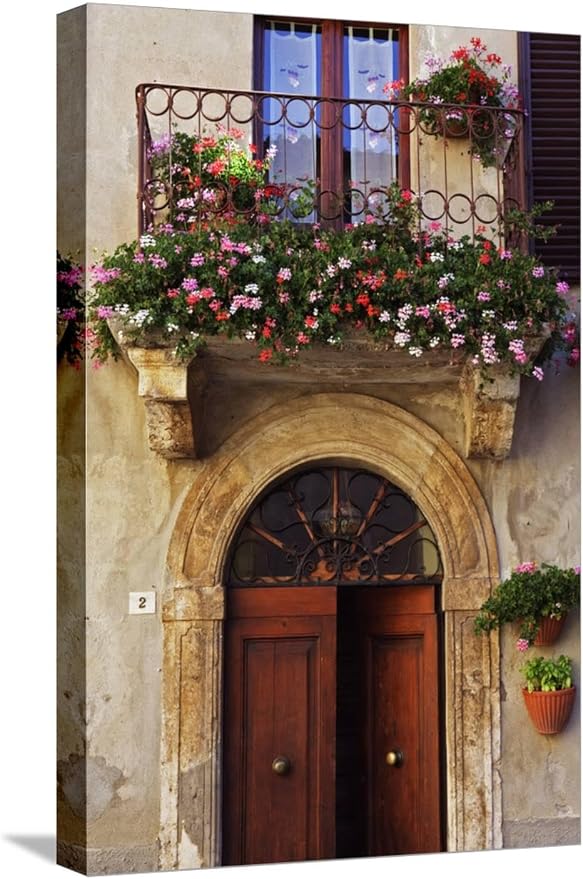 ART.COM Stretched Canvas Print Balcony Flowers and Doorway in Pienza Tuscany Italy by Julian Castle, 12" x 18" by ART