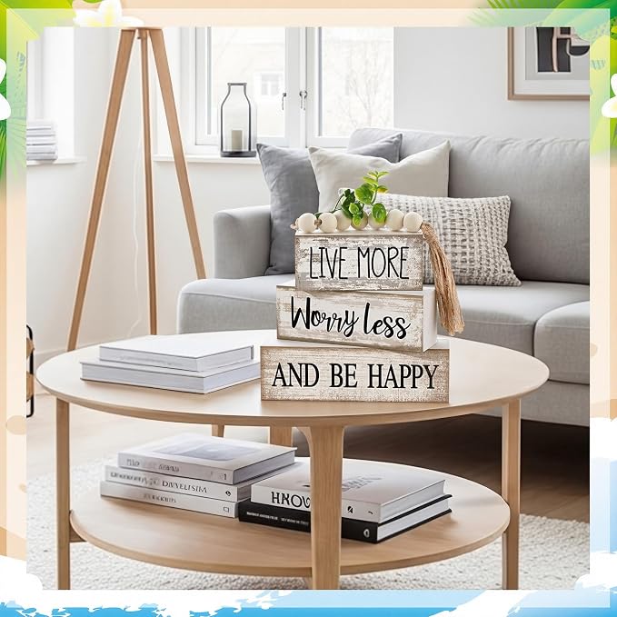 Moucuny 4 Pcs Inspirational Farmhouse Table Decor Rustic Stacked Wooden Block Sign - Live More Worry Less Be Happy Centerpieces Set with Beaded Tassel and Artificial Plant for Home, Office, Shelf Gift - Image 5