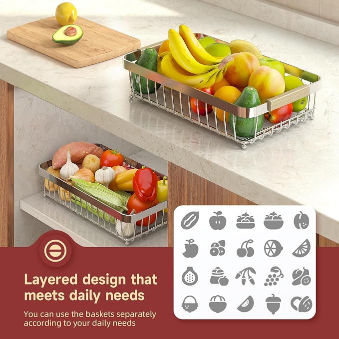 2-Tier Fruit Basket with Banana Hangers, Detachable Metal Bowl | Wooden handle, protective mats included. Versatile holder for bread, snacks, and veggies. Extra Large 2 tier metal design. - Image 4