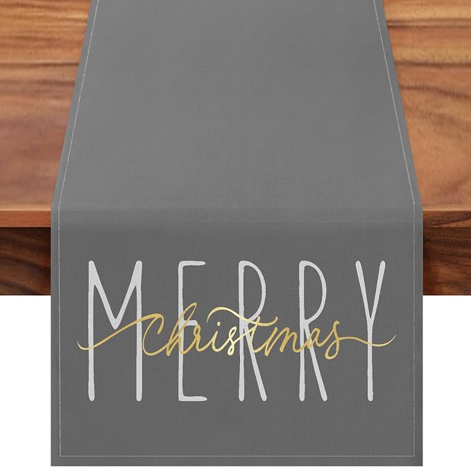 ONWAY Merry Christmas Gold Table Runner Winter Xmas Holiday Kitchen Dining Farmhouse Table Decor for Indoor Outdoor Home Party Decorations 13x72 Inch Grey by ONWAY