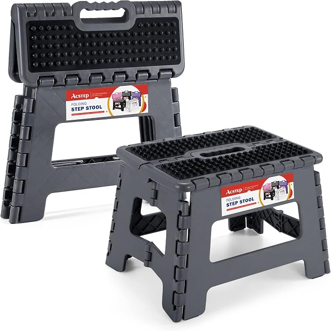 ACSTEP Folding Step Stool 9 inch Height Non-Slip Plastic Step Stools for Kids and Adults, Kitchen Collapsible Fold Up Small Stepping Stool Grey,1 Pack | Portable Foldable Stools, Heavy Duty Collapsible Foot Stool, Holds 300 lb for Adults Kitchen Bathro... by ACSTEP