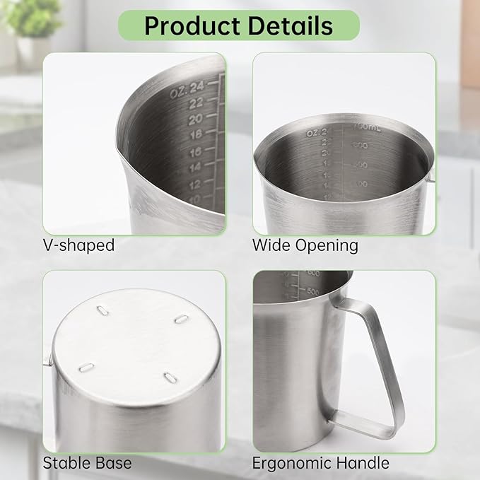 Stainless Steel Measuring Cup 3 Cup Capacity, Unbreakable Metal Measuring Cup with Handle, 2 Marking Including ML/Ounce Scale, Ideal for Liquid Measuring Cups, Kitchen Tools for Baking and Cooking