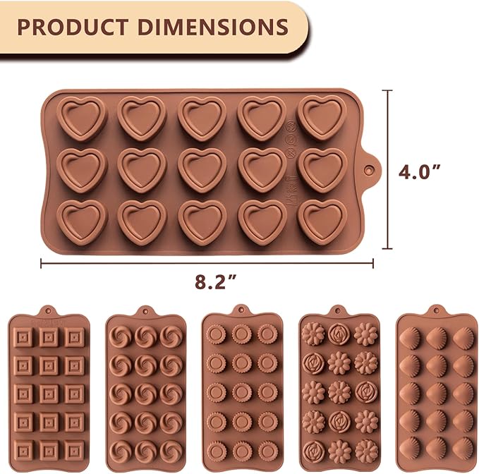 6 Pcs Silicone Chocolate Mold Set - Food-Grade Non-Stick Candy Molds Cookery Moulds for Chocolate, Candy, Jello, Soap & Crayon - Classic Shapes