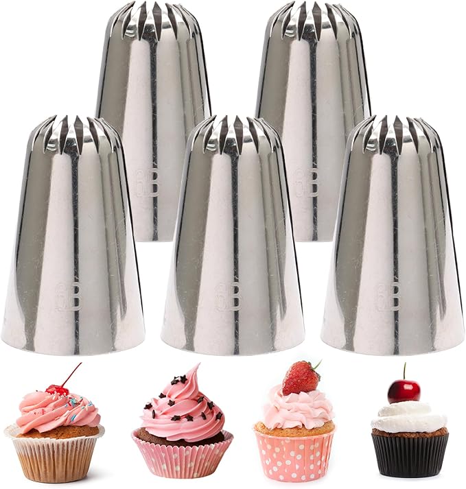 6B Piping Tips Set for Cake Decorating - 5 Piece Stainless Steel Star Nozzles for Buttercream, Icing, Cupcakes & Cookies