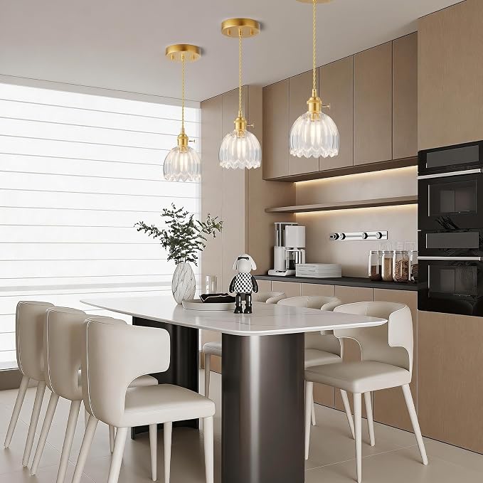 Ralbay Vintage Pendant Lights Kitchen Island,Clear Tulip Glass Shade,3Packs | Mini Pendant Light Fixture with Switch, Adjustable Brass Hanging Light for Bedroom, Dining Room, Hallway, Bar - Image 5